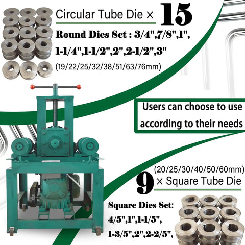 Lgxenzhuo 2.2Kw Electric Pipe Bender With 24 Dies for smooth bending tasks showing 15 round and 9 square die options.