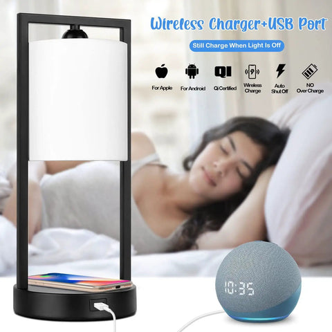 Modern White Table Lamps Set Of 2 With Touch Control, 3 Way Dimming, USB Charging Port And Wireless Charging Pad, E26 LED Bulbs Included, Bedside Nightstand Lamps For Bedroom Or Living Room, Sleek End Table Lighting next to a sleeping woman and a smart speaker.