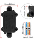 Dimensions of Two Pack Waterproof IP68 Outdoor Junction Box For Two Way Cable Runs with four replaceable lever wire terminals.