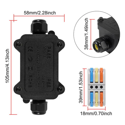 Dimensions of Two Pack Waterproof IP68 Outdoor Junction Box For Two Way Cable Runs with four replaceable lever wire terminals.