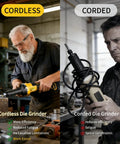 Heavy Duty Cordless Die Grinder Boasting A Beast Mode 26000 Rpm Brushless Motor Alongside One Quarter Inch Collet Plus Four Variable Speeds To Knock Out Metal Wood Plastic Grinding Polishing And Deburring On Site Tool Only shown in use, with sparks flying.