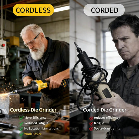 Heavy Duty Cordless Die Grinder Boasting A Beast Mode 26000 Rpm Brushless Motor Alongside One Quarter Inch Collet Plus Four Variable Speeds To Knock Out Metal Wood Plastic Grinding Polishing And Deburring On Site Tool Only shown in use, with sparks flying.