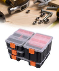 Rugged Tool Organizer Box with adjustable compartments and ergonomic handle, shock resistant and waterproof, stacked on table.