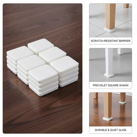 Eight Pack White Square Furniture Leg Pads 1.18 Inch PVC Floor Protectors stacked on wooden floor