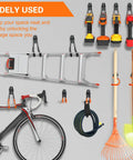 Heavy Duty Garage Hooks 4 Pack J Shaped Wall Mounted Hanger Organizer securing ladder, bike, and tools with durable steel construction.