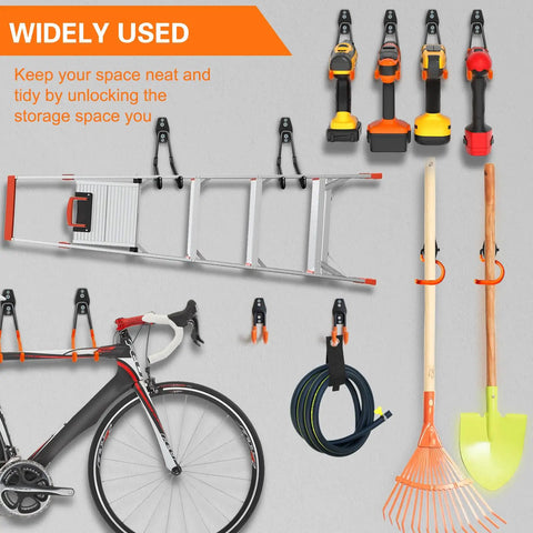 Heavy Duty Garage Hooks 4 Pack J Shaped Wall Mounted Hanger Organizer securing ladder, bike, and tools with durable steel construction.