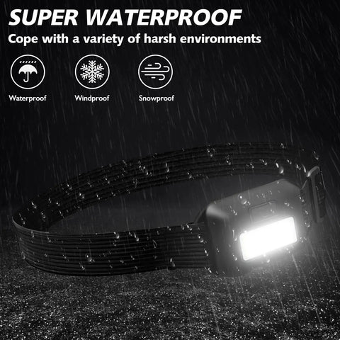 8 Pack LED Headlamp Flashlights for Adults and Kids With Ultra Bright Flood Light, IPX4 Waterproof shown in rainy conditions