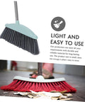 Grime Crushing Heavy Duty Broom With 34 Inch Long Handle For Sweeping Concrete Driveway Garage Patio And Indoor Floors No Sweat Household Cleaner With Convenient Storage Hook showing two angles, one close-up.