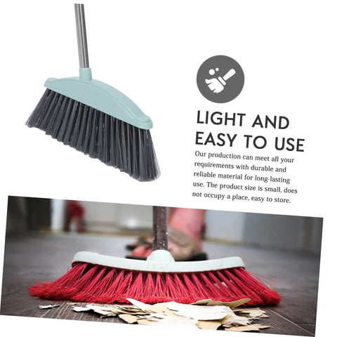 Grime Crushing Heavy Duty Broom With 34 Inch Long Handle For Sweeping Concrete Driveway Garage Patio And Indoor Floors No Sweat Household Cleaner With Convenient Storage Hook showing two angles, one close-up.