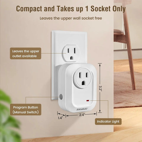 Wireless Wall Switch With Remote Control Outlet Kit No Wiring Needed 100ft RF Range Pre Programmed Expandable Remote Light Switch For Plug In Pendant Lights Lamps And Small Electrical Appliances Easy Setup No Fuss compact plug view showing dimensions and socket fit in living room setting