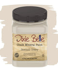 Sawmill Gravy Chalk Mineral Furniture Paint 32oz Matte Beige Finish For Diy Projects And Upcycling, Smooth Neutral Warm Tone Vibe For Wood Metal Plastic And More, jar of paint with a beige swatch background.