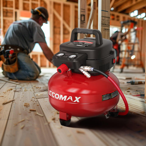 6 Gallon Pancake Air Compressor 150 PSI Portable Oil Free With 10 Piece Accessory Kit in a home workshop setting.