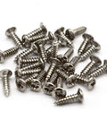 One Hundred Pack Four By Half Inch Stainless Steel Guitar Pickguard Screws Phillips Head Oval replacement hardware, close-up view.