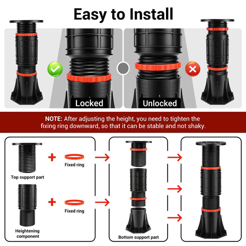 Heavy Duty Adjustable Bed Support Legs 4 Pack 8.4 To 13.5 Inches Holds 4400 Pounds Each installation instructions and locking mechanism.