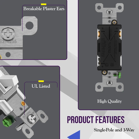 Toggle Light Switch 3 Way Or Single Pole 15A 120 277V UL Listed Residential Grade White 5 Pack with Grounding Screw