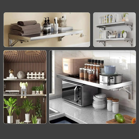 Multiple settings of Foldable Stainless Steel Wall Mount Storage Shelf And Fold Down Table in kitchen, bathroom, balcony display.