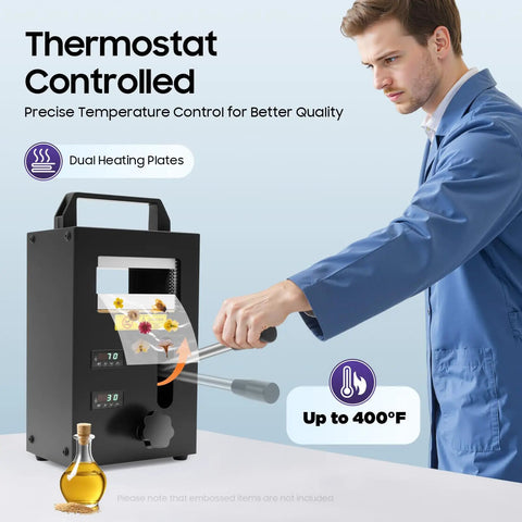 Person using 4 Ton Heat Press Machine With Dual Heating Plates And LED Display Four And A Half By Four Point Seven Inch Dual Heated Plates for extracting materials.
