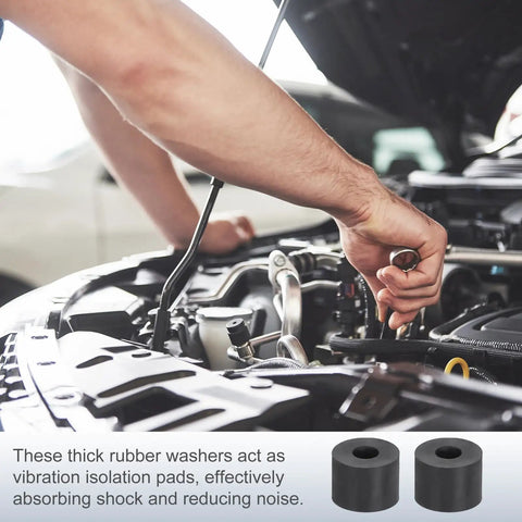 Mechanic uses 25 Pack Rubber Spacers 16mm OD 4mm ID 15mm Thick Black Round Anti Vibration Pads for vehicle maintenance.