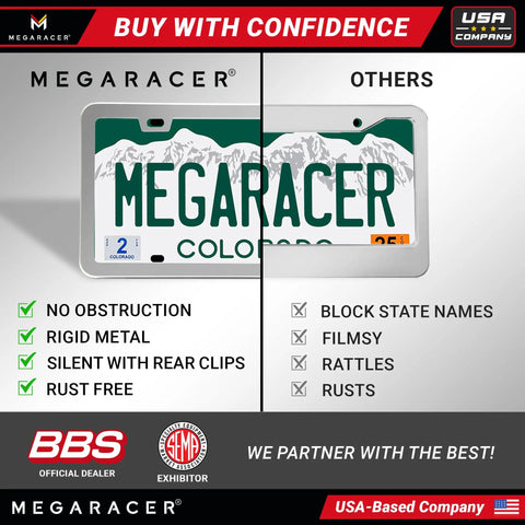 Comparison of MEGARACER Slim Mirror Chrome License Plate Frames 2 Pack For Front And Rear Whips with competitor frame features.