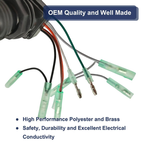 Close-up of wiring connectors for Suzuki Outboard Ignition Key Switch Assembly For 2 Stroke And 4 Stroke Marine Motors 8 To 225 HP 1983 To 2011 Fits DT DF Series Plug And Play Remote Control Box Replacement Key Ignition Switch, showcasing polyester and brass composition.