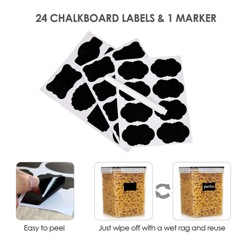 Image of 24 chalkboard labels and 1 marker included in 4 Pack Big Food Storage Canisters 5.2L Airtight BPA Free Plastic for labeling contents.
