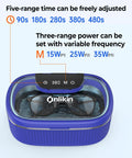 No Fuss 45KHz Ultrasonic Cleaner Tank For Jewelry Glasses Retainers And Dentures Featuring 35W Power, five timer settings displayed.
