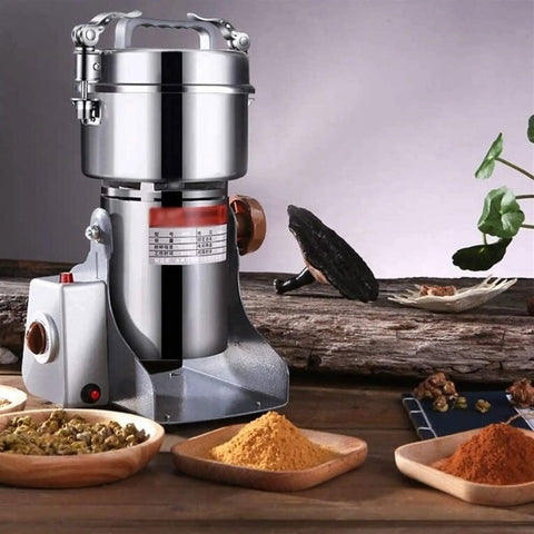 Pro Grade Electric Grain Grinder Mill High Speed Spice And Herb Grinder With 800g Capacity, on wooden surface with spices
