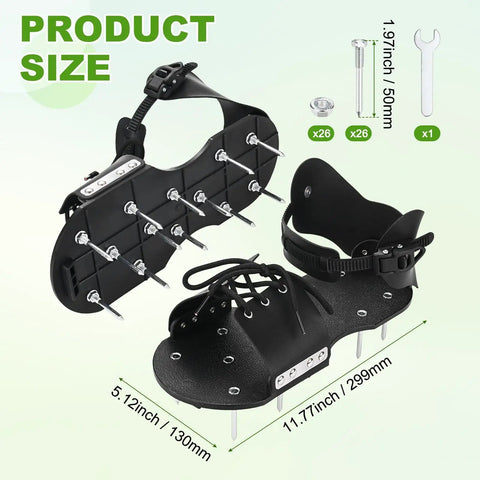 Lawn Aerator Shoes With 26 Nail Spikes 5cm And Adjustable Straps for Patios Gardens and Yards, wrench and nails included