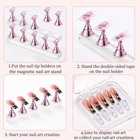 Illustration of Pink Acrylic Nail Stand Set Magnetic Nail Art Display And Practice Holders With Double Sided Tape 2 Sets