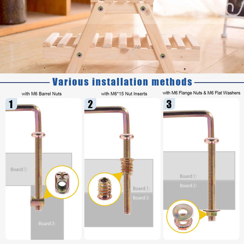 All In One M6 Hardware Kit For Cribs Chairs Tables And Cabinets 138Pcs showing installation methods with barrel nuts and inserts