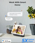 Smart home display showing 4K PoE Outdoor Security Cam With 123 Degree Field Of View And 5X Optical Zoom in use, Hey Google integration