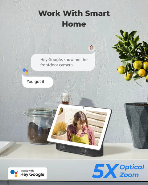 Smart home display showing 4K PoE Outdoor Security Cam With 123 Degree Field Of View And 5X Optical Zoom in use, Hey Google integration