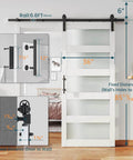 36 Inch By 84 Inch Glass Barn Door Slab In White MDF With Frosted Glass PVC Surface Includes Six Point Six Feet Hardware Kit Door Handle And Floor Guide DIY Friendly And No Fuss Ready To Install shown installed with hardware details.