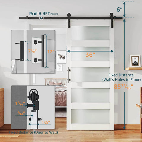 36 Inch By 84 Inch Glass Barn Door Slab In White MDF With Frosted Glass PVC Surface Includes Six Point Six Feet Hardware Kit Door Handle And Floor Guide DIY Friendly And No Fuss Ready To Install shown installed with hardware details.