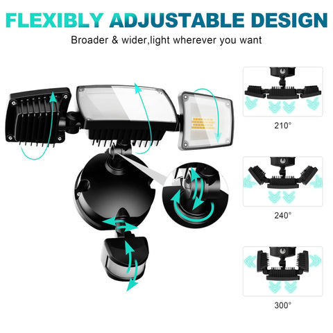 Flexibly adjustable Plug In Outdoor Flood Light With Motion Sensor And Remote, 5500 Lumens, Dusk To Dawn Security Light, IP65 Waterproof, 5000K Daylight.