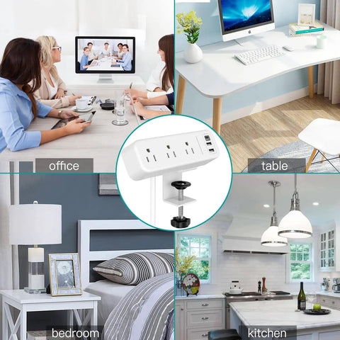 Clamp On Desk Power Strip With USB C Three Outlets Desktop Mount 6.5 Ft Extension Cord White Finish in home and office setups