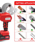 Crafthydro 21V Cordless Battery Electric Ratcheting Cable Cutter Heavy Duty Tool showing cutting applications for copper and aluminum cables.