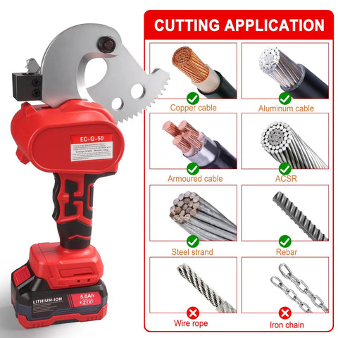 Crafthydro 21V Cordless Battery Electric Ratcheting Cable Cutter Heavy Duty Tool showing cutting applications for copper and aluminum cables.
