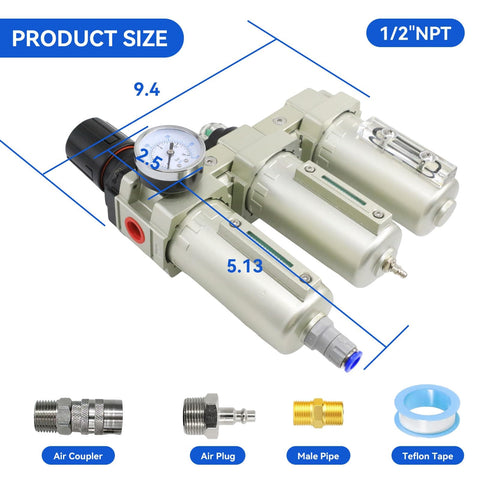 Heavy Duty One Half Inch NPT Three Stage Air Dryer With Auto Drain Water Separator For Air Compressors Pro Grade Filter System