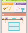 Instructional guide on measuring for a decorative 1 inch curtain rod with end cap finials, adjustable 48 to 86 inches, warm gold finish.