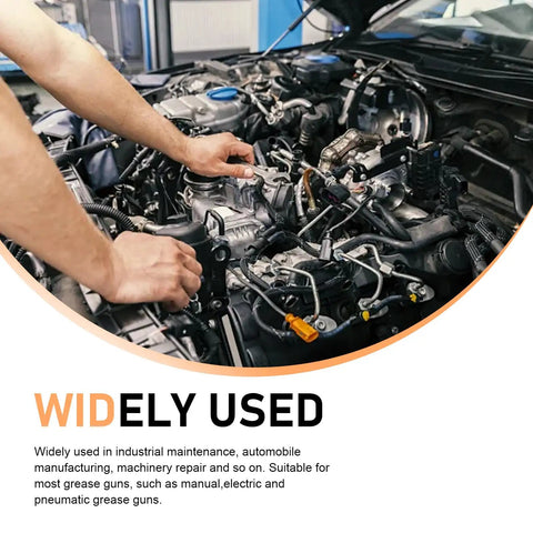 Person using 90 Degree Right Angle Grease Gun Coupler for Tight Spaces under car hood, showing automotive application.