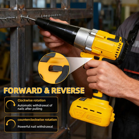 Heavy Duty Cordless Rivet Gun Compatible With DeWalt 20V Battery Tool Only, manual use with forward and reverse features.