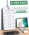 28 In 1 Power Strip With 22 Outlets And 6 USB Ports To Power Gaming Consoles TVs Routers And Chargers, shown with devices.