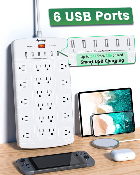 28 In 1 Power Strip With 22 Outlets And 6 USB Ports To Power Gaming Consoles TVs Routers And Chargers, shown with devices.