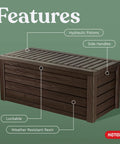 Beefy 150 Gallon Resin Outdoor Deck Box For Patio Storage And Organization Weatherproof Garden Tools Cushions And Pool Floats Safe Sturdy Storage Bench That Seats Two In Brown with features labeled