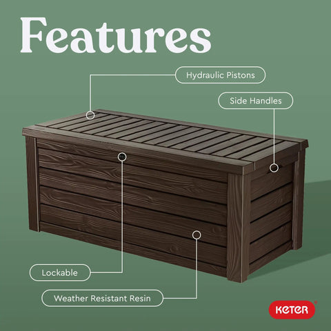 Beefy 150 Gallon Resin Outdoor Deck Box For Patio Storage And Organization Weatherproof Garden Tools Cushions And Pool Floats Safe Sturdy Storage Bench That Seats Two In Brown with features labeled