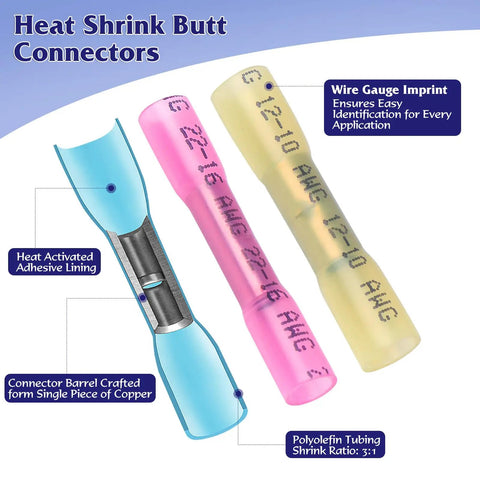 Three colored heat shrink butt connectors in a Waterproof Marine Grade Heat Shrink Wire Connector Kit With Tinned Copper Terminals 22 To 10 AWG.