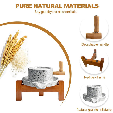 Hand Crank Stone Grain Mill With Red Oak Frame For Home Use, Manual Flour Grinder That Grinds Wheat, Nuts, And Spices, Complete Kit