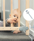M8 Threaded Replacement Screws For Baby Gate And Pet Door Hardware With Rubber Wall Protectors White 4 Pack adjustable spindle shown with baby in safety gate.