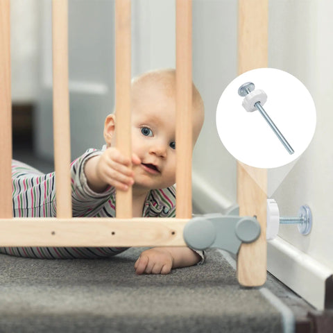 M8 Threaded Replacement Screws For Baby Gate And Pet Door Hardware With Rubber Wall Protectors White 4 Pack adjustable spindle shown with baby in safety gate.